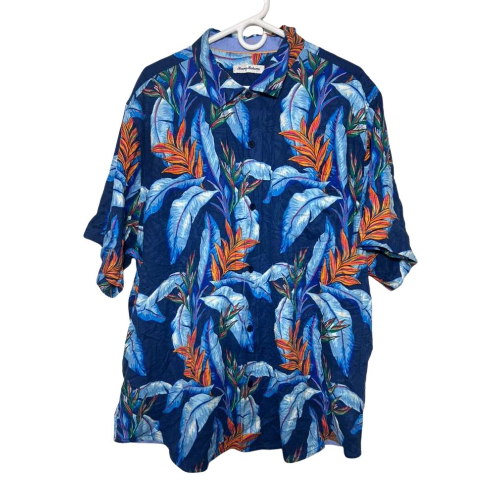 Tommy Bahama Hawaiian Button Down Shirt Men's XXL Blue Tropical Short Sleeve